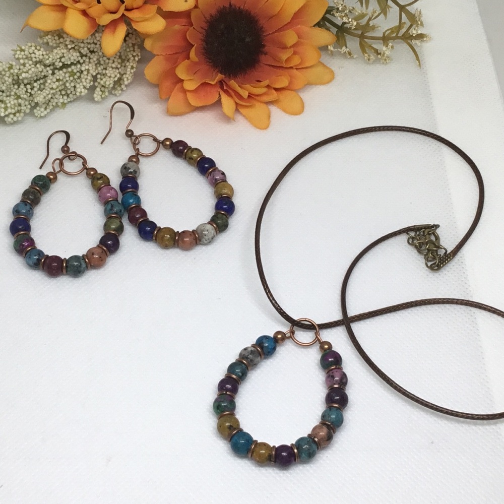 Boho Earthy Neutral Beaded Hoop Earrings & Necklace